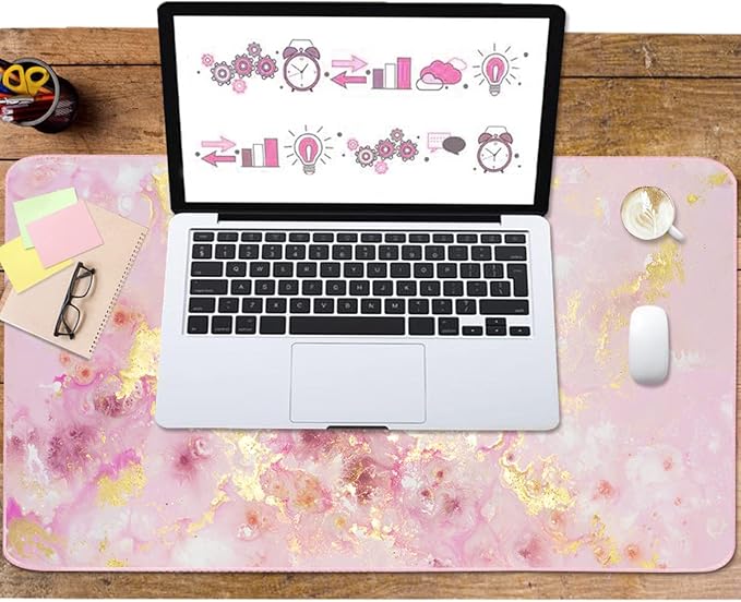 Extended Gaming Mouse Pad(35.4x15.7 in), Large Desk Pad Laptop Computer Keyboard Mat Waterproof Desk Decor Writing Pad for Work, Game, Office, Home - Pink Gold Marble
