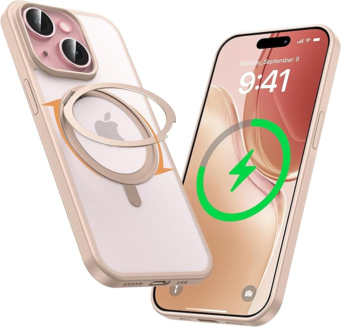 MAGIC JOHN for iPhone 15 Case 360° Rotatable Magnetic Invisible Stand, Fit for MagSafe 15 Phone Case, 16FT Military Grade Shockproof for iPhone Case with Kickstand, Rose Gold