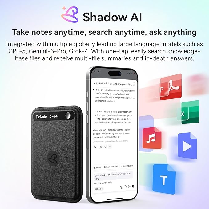 Mobvoi TicNote Lite AI Voice Recorder, AI Note Taking Device w/Instant Transcribe & Summarize, APP Control, Support 120+ Languages, AI Recorder w/Display for Lectures, Meeting, Calls