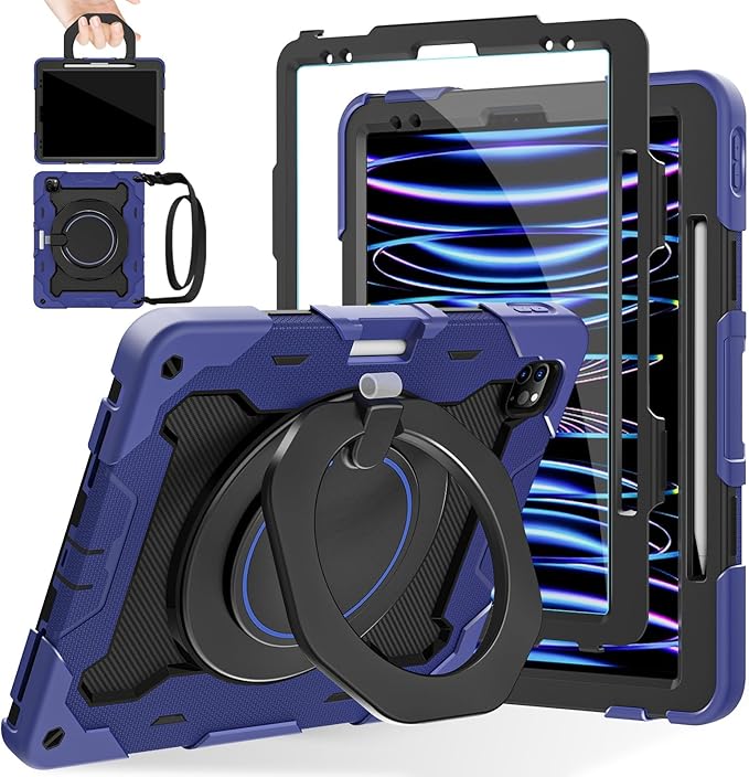ROISKIN for iPad Pro 12.9 -Inch Case (6th, 5th, 4th & 3rd Gen)with HD Screen Protector, 360 Stand, Handle, Pencil Holder,Shoulder Strap[15ft Drop Protection]Rugged Bulky Full Body 12.9 iPad Pro Case