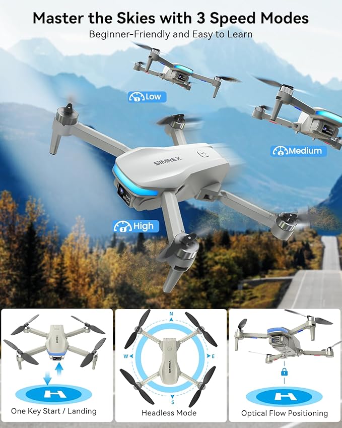 SIMREX 4K FPV Drone with Brushless Motor for Beginners & Teens — 40-Min Flight, Optical Flow Positioning, Gesture Control & VR Mode, Foldable Camera Drone Gift for Kids Ages 8+(Gray)