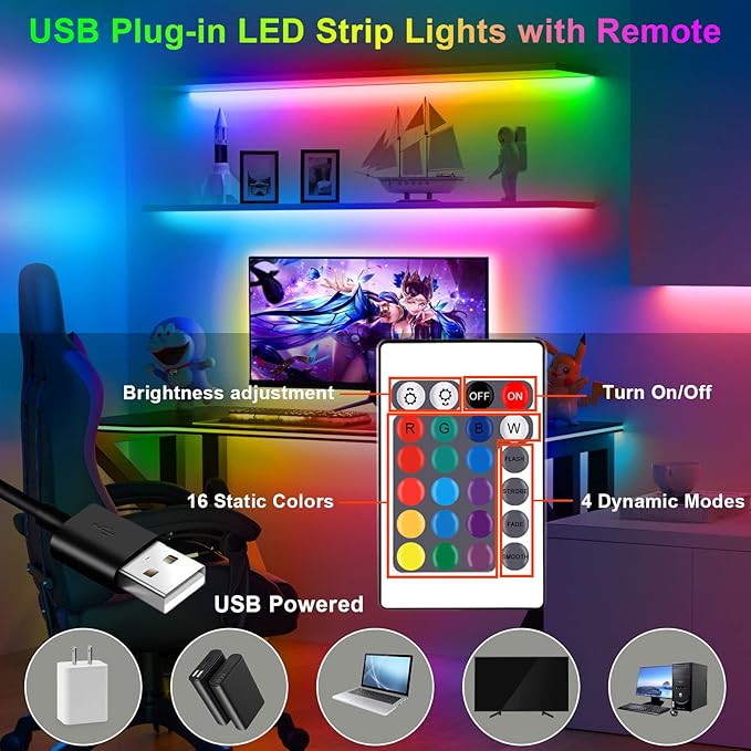 LED Strip Lights Kit, 2x6.56Ft RGB LED Lights Strip for 40-60in TV LED Backlight, Color Changing Strip Light Waterproof IP65 with Remote, USB TV Lights Bias Lighting for Home PC Monitor Desk