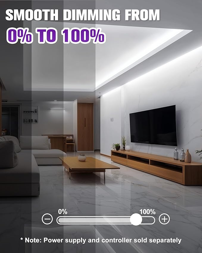 HitLights White LED Strip Lights 5000K, 16.4ft Premium 12V COB Tape Light High Density, 2400 LEDs, 305+ LM/FT, CRI 90+, IP30, Lighting for Kitchen, Cabinets, UL Listed (Power Source Not Included)