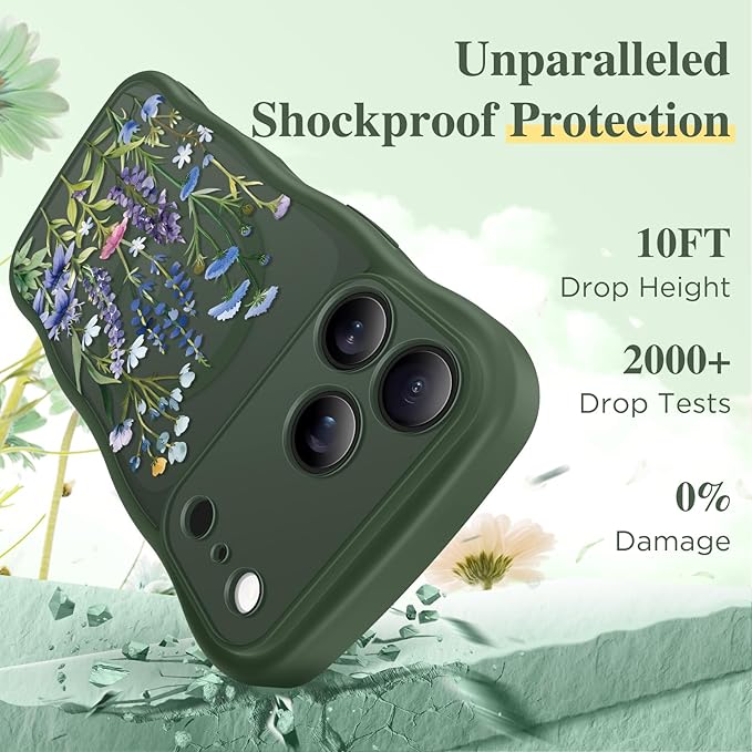 GVIEWIN for iPhone 17 Pro Case Compatible with MagSafe [Curly Wave Edge][Full Camera Protection]Floral Translucent Shockproof Magnetic Women Phone Case for iPhone 17 Pro 6.3'', Sweet Posy/Forest Green