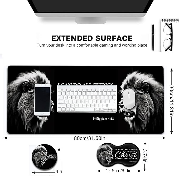 Large Gaming Mouse Pad,31.5x11.8in Extended Computer Mouse Mat with Non-Slip PU Base, Ergonomic Memory Foam Keyboard Wrist Rest, for Work Gaming, Fierce Lion Philippians 4:13 Black Office Desk Pad