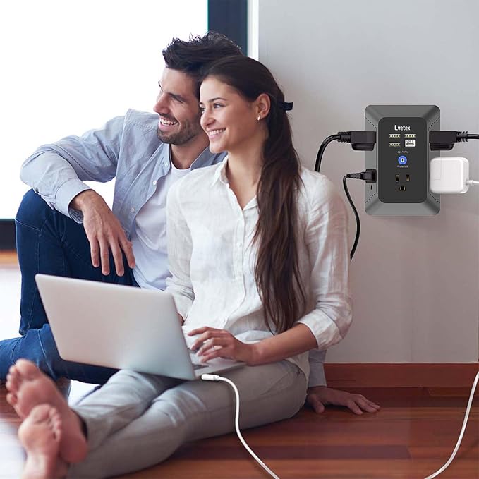 Surge Protector Outlet with 5-Multi Plug Outlet and 4 USB Ports (1 USB C), 3-Sided 1680J Power Strip Wall Charger for Home, Travel, Office - ETL Listed, Black