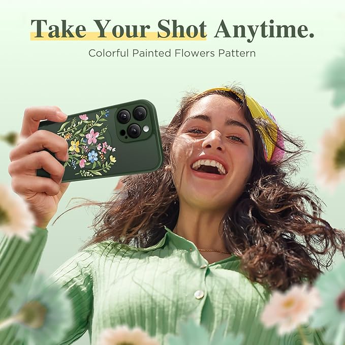 GVIEWIN for iPhone 16 Pro Max Case Compatible with MagSafe, [Military Grade Protection] [Screen Protector] Full Camera Protection Floral Translucent Women Magnetic Phone Case, Bloomcore/Forest Green