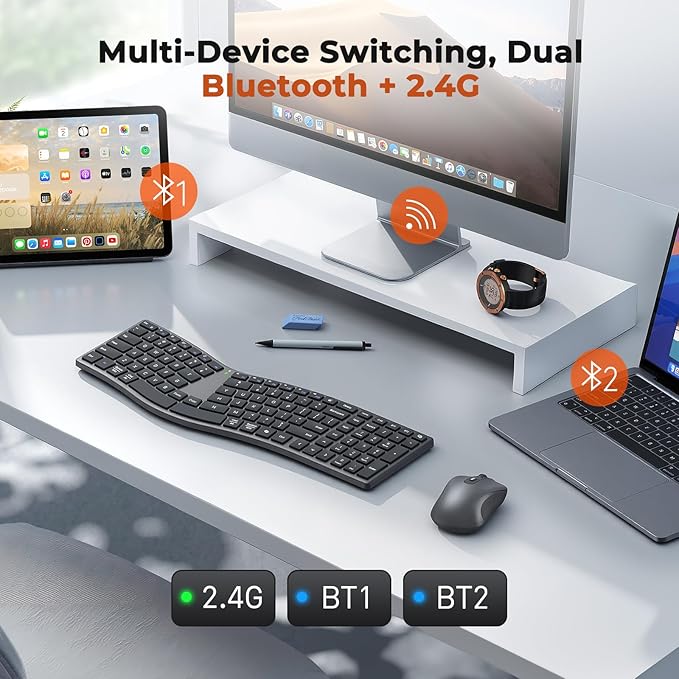 MEETION Ergonomic Keyboard and Mouse Wireless, Split S-Curve Design, 2.4G Wireless & Dual Bluetooth, Slim Low-Profile Rechargeable Full Size Keyboard, 4 DPI Mouse for Windows Mac PC Laptop Computer, Q