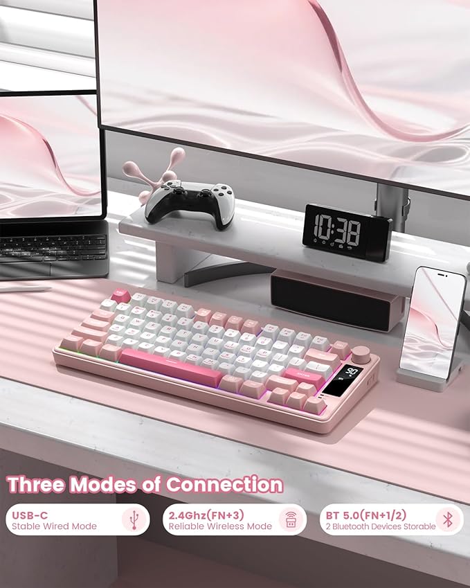 Womier DK75 75% Wireless Gaming Keyboard, RGB Backlit Creamy Keyboard with Multifunction Knob & Screen, Tri-Mode 2.4GHz/USB-C/BT5.0, Anti-Ghosting No-Conflict Silent Membrane Keyboard for MAC Windows