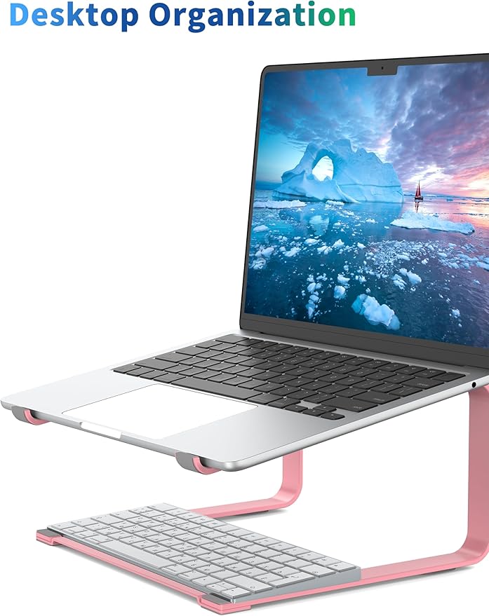 SOUNDANCE Laptop Stand for Desk, Ergonomic Metal Computer Riser for 12-17.3 Inch Laptops, Heavy Duty Stable Desktop Holder, Improves Eye Level & Workspace Organization, Pink