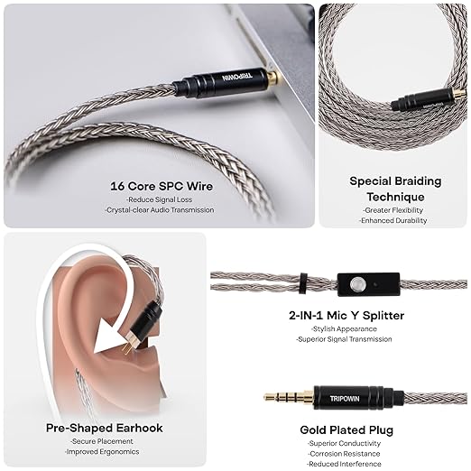 Linsoul Tripowin Zonie HiFi In-Ear Monitor Upgrade Cable, with Omni Mic, 16-Core Silver-Plated SPC Earphone Cable, Type-C/3.5mm Options, 1.25m SPC Tangle-Free Wire for Audiophiles(Typec,Recessed 2Pin)