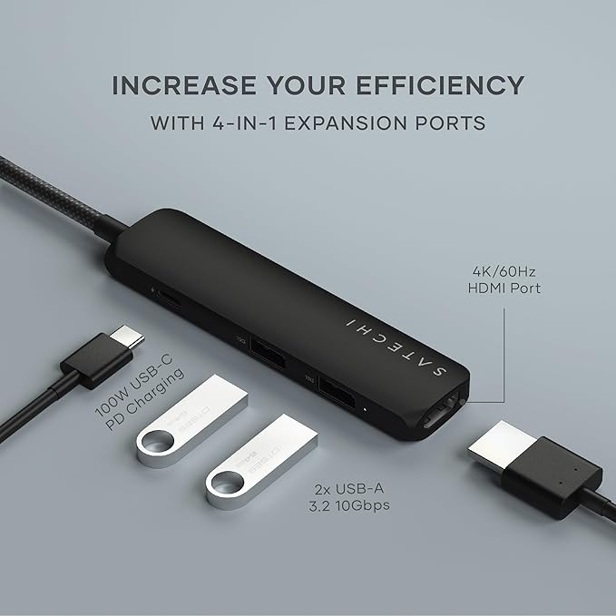 Satechi 4 in 1 USB C Hub Multiport Adapter with HDMI 4K@60Hz, 100W PD Charging, 2X USB-A Data Ports for MacBook Air/Pro/Neo, iPad Air/Pro, Windows – Black