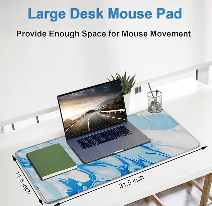 Extra Large Gaming Mouse Pad 31.5 x 11.8 in, Waterproof Mousepad with Stitched Edges, Premium Microfiber Cloth Surface, Non-Slip Base Keyboard Desk Mat for Home Office Gaming, Marble Blue White