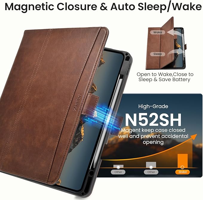 Handcrafted Case for iPad Air 13 Inch M4/M3/M2 (2026/2025/2024) with Pencil Holder & Hand Strap & Pocket,Magnetic Clasp,Multi Angles Stand,Protective Folio Cover,Auto Sleep/Wake,Dark Brown
