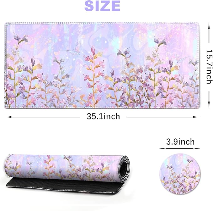 ARTSO Large Gaming Mouse Pad with Stitched Edges, XXL Extended Keyboard Mat Long Mousepad Desk Decor Writing Pad 35.1x15.7 in, Non-Slip Base for Work, Game, Office, Home, Pink Purple Plant