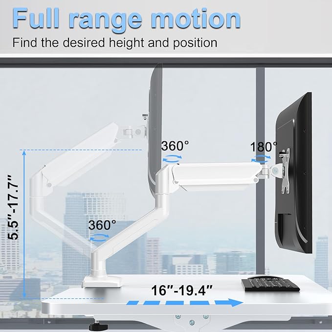 Single Monitor Mount Arm Fits up to 32 Inch, Desk Mount Holds 4.4-19.8lbs Computer Screen, Full Motion Gas Spring,VESA, White