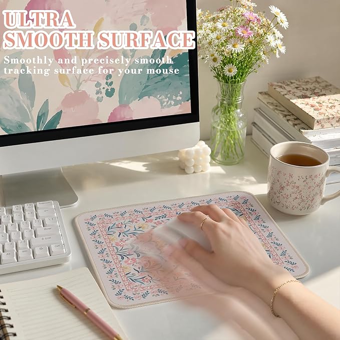 iCasso Aesthetic Small Floral Mouse Pad, Pink Mini Portable Travel Mousepad, Anti-Slip and Comfortable Cloth Mouse Mat 7.9"x9.5" with Stitched Edges for Computer, Laptop, Office, Home(Pink Floral)