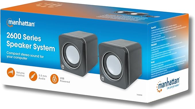 MANHATTAN USB Powered Stereo Speaker System - Small Size - with Volume Control & 3.5 mm Audio Plug to Connect to Laptop, Notebook, Desktop, Computer - 3 Yr Mfg Warranty - Black Silver, 166898