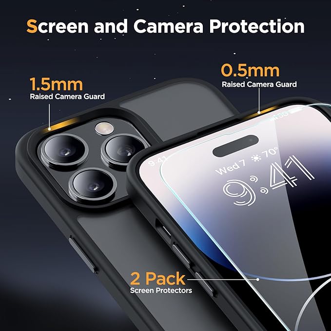 Miracase Magnetic for iPhone 14 Pro Max Case 6.7 inch (Compatible with MagSafe)（with 2X Screen Protectors） Military-Grade Protection, Anti-Fingerprint Translucent Matte Phone Case Cover, Black