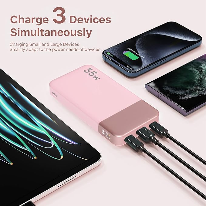 NOBIS Portable Charger, 10000mAh Power Bank Fast Charging, Battery Pack with C to C Cable, Battery Bank with Digital Display for iPhone iPad Android etc (Pink, 35W)