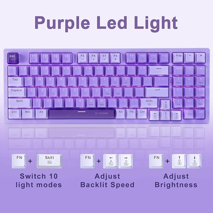 HUO JI Mechanical Gaming Keyboard USB Wired Compact with Number Pad, Purple Led Backlit, Red Switch, Detachable Type C Cable, 94 Keys for PC/Computer/Laptop, Purple and White