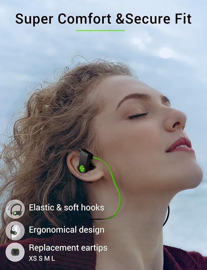 Stiive Bluetooth Headphones, 5.3 Wireless Sports Earbuds IPX7 Waterproof with Mic, Stereo Sweatproof in-Ear Earphones, Noise Cancelling Headsets for Gym Running Workout, 16 Hours Playtime - GreenBlack
