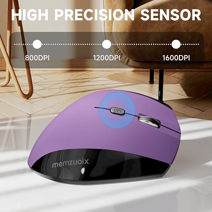 memzuoix Ergonomic Wireless Mouse, 2.4G Optical Cordless, 800/1200/1600 DPI, Vertical Computer Mouse for Laptop, Mac, PC, Desktop (Right Hand, Large) - Purple
