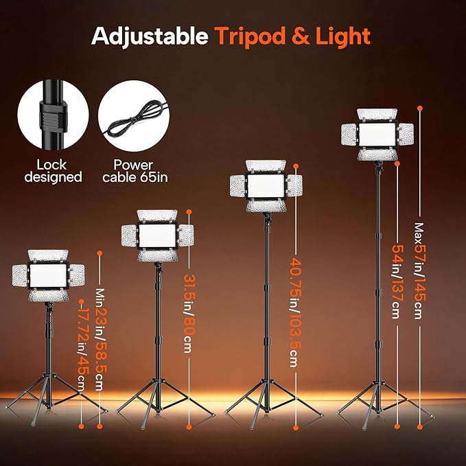 2 Pack LED Video Photography Lighting Kit with 54'' Tripod Stand, Dimmable 5600K USB Studio Lights with Barndoor -9 Color Lighting for Video Recording, Photo Studios, YouTube, TikTok, Game Streaming