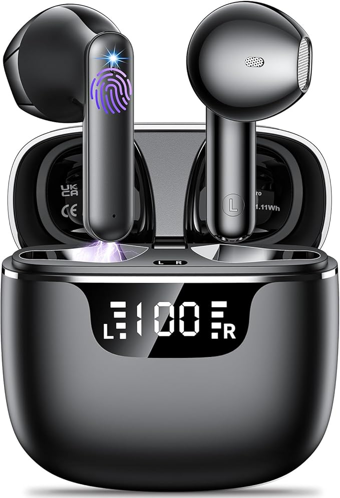 Wireless Earbuds, Bluetooth 5.4 Headphones with 42H Ultralight Ear Buds, Bluetooth Earbuds with 4 ENC Noise Cancelling Mics, HiFi Deep Bass Dual LED Display USB-C, IPX6 Waterproof Earphones Black