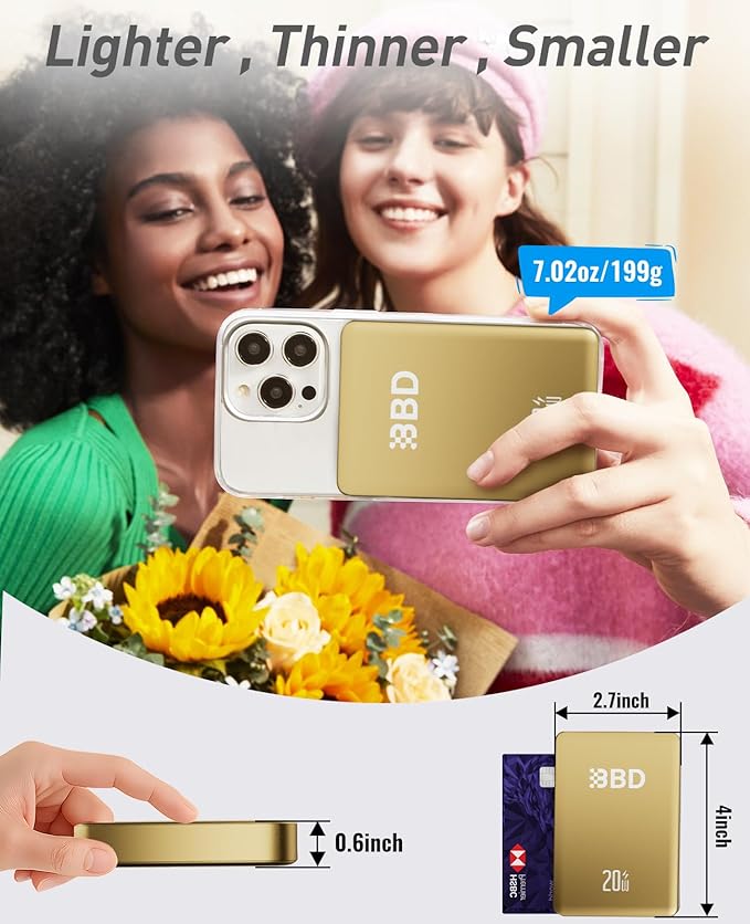 BBD Magsafe Portable Charger,10000mAh Magnetic Power Bank Fast Charging PD 20w with USB C Cable,Slim Magsafe Battery Pack,Wireless Power Bank for iPhone 17/16/15/14/13/12 Series 1Pack-Gold