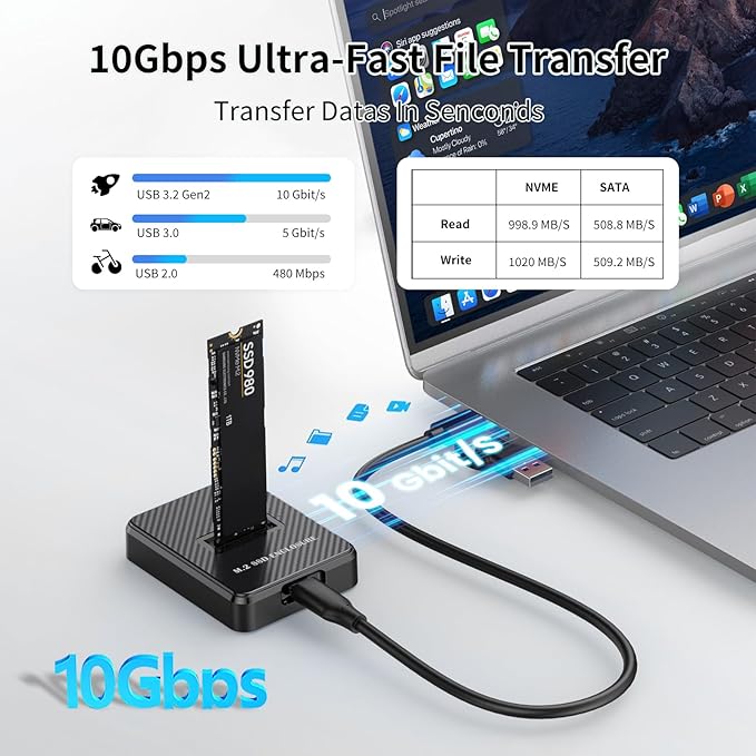M.2 NVME SATA SSD Enclosure Adapter, 10Gbps USB 3.2 Gen 2 USB C External, Aluminium Alloy Housing, Supports M.2 (M Key) NVMe & (B+M Key) SATA SSDs, Plug and Play External Storage Solution
