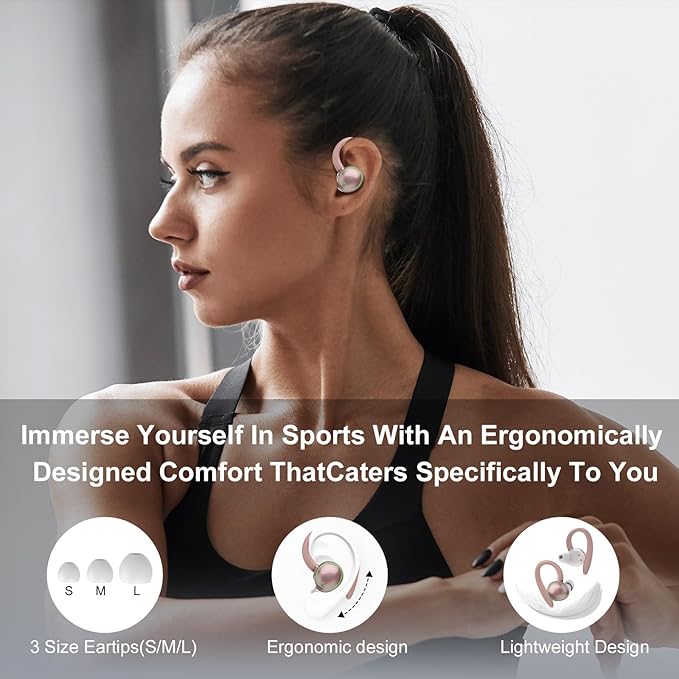 Wireless Earbuds, Bluetooth 5.4 Headphones Sport, Over Ear Buds With ENC Noise Cancelling Mic, 48H, Wireless Earphone With Earhooks, Stereo Deep Bass, IP7 Waterproof for Workout Running, Rose Gold