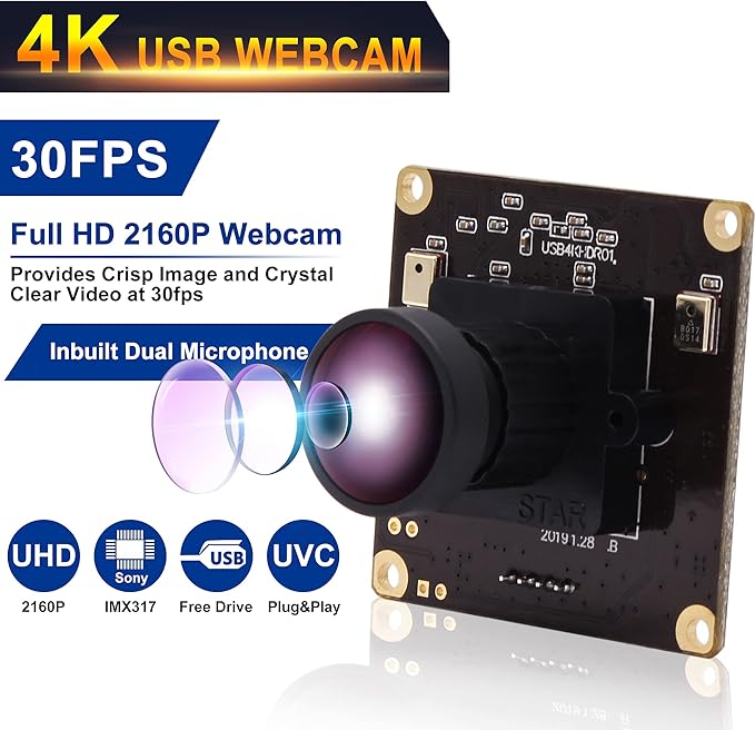 4K USB Camera Ultra HD 2160P Webcam with IMX317 Sensor, 170 Degree Fisheye Lens, Dual Microphone, Plug and Play for Windows/Mac/Linux/Raspberry Pi