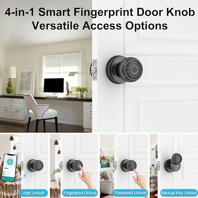 BIWIBON 4-in-1 Smart Door Knob, Fingerprint Door Knob with App Control, Smart Fingerprint Door Lock with Keypad, Real Privacy Mode, Auto Lock, Ideal for Home, Bedroom, Garages &Office, Black,1 Pack