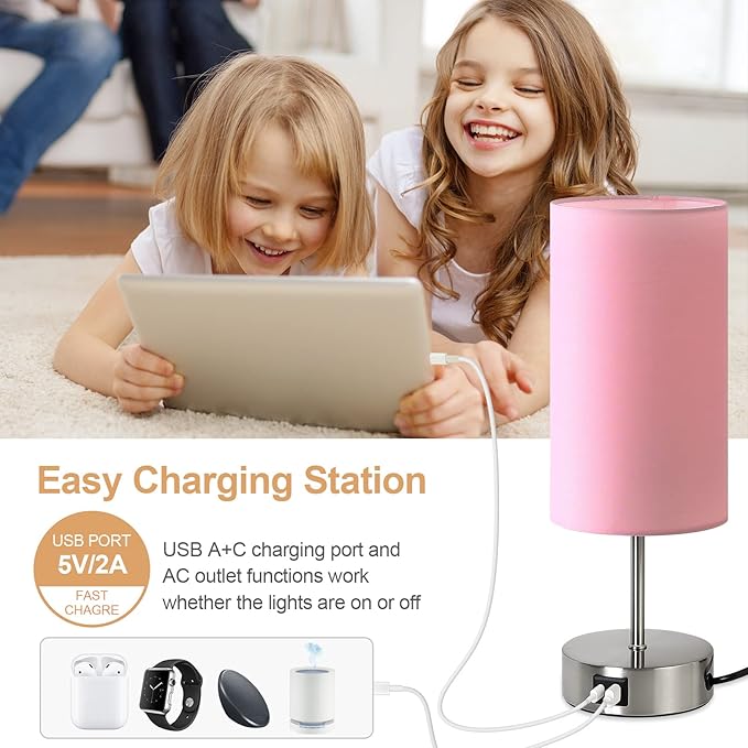 Yarra-Decor 【Upgraded Bedside Lamp with USB A+C Charging Ports & AC Outlet Touch Control Table Lamp for Girl Bedroom 3 Way Dimmable Nightstand Lamp with Pink Shade for Home, Dorm(Bulb Included)