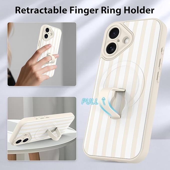 KANGHAR Compatible with iPhone 16 Case, Support for MagSafe, Silicone Stripes Cute Pattern, Wristband Kickstand Camera Protection Soft Slim Cover for Girls Women -White