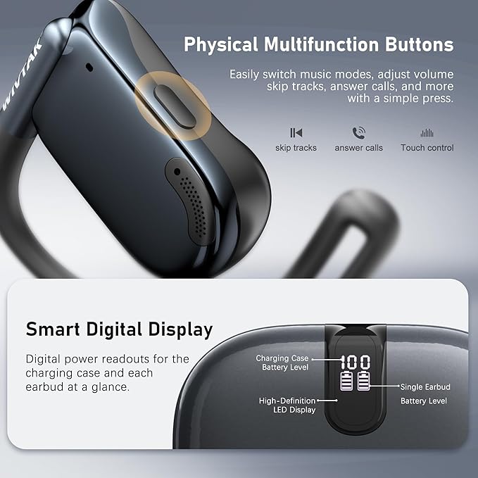 Wireless Earbuds, Open-Ear Sports Bluetooth Headphones, Acoustic Chamber Audio, ANC Call Noise Reduction, Smart Digital Display Charging Case, IPX5 Water Resistant, for Cycling Work