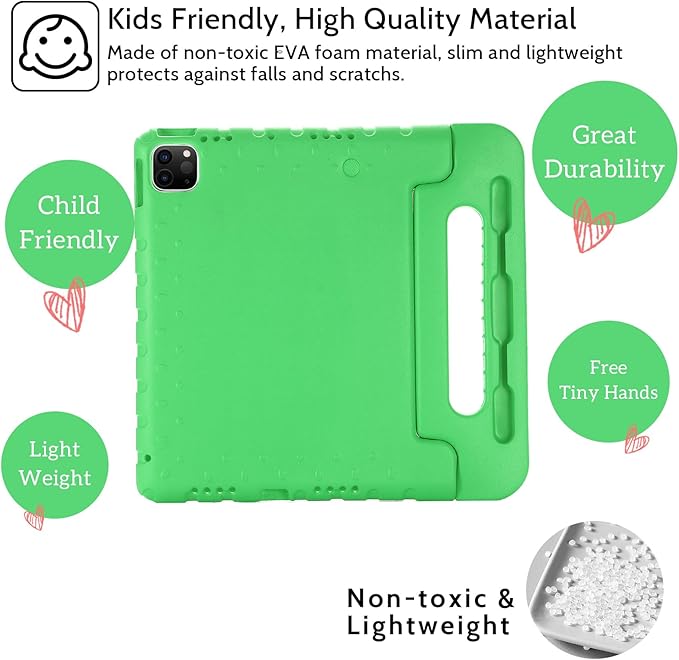 Dteck Kids Case for iPad Air 11" M2 2024, iPad Pro 11" Case 2024, Lightweight Shockproof Rugged EVA Kids Friendly Handle Kickstand Child Proof Protective Case with Pencil Holder, Green