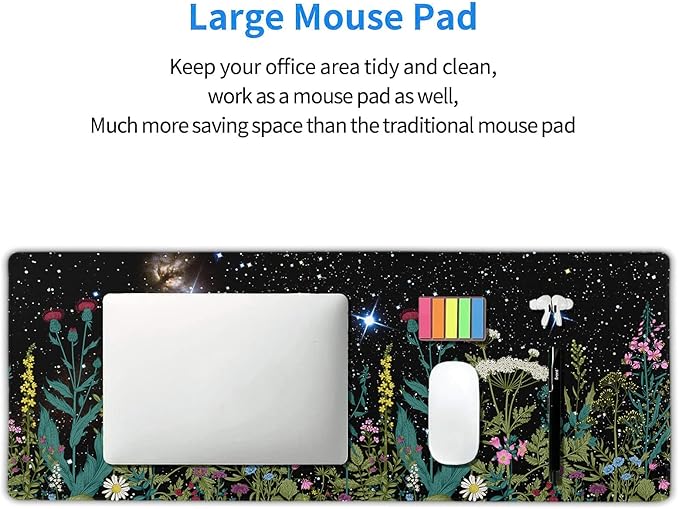 Black Aesthetic Wildflower Large Mouse Pad XL Space Galaxy Weeds Herb Cute Floral Extended Desk Mat Big 80X30 CM Non-Slip Rubber Base Stitched Edge Long Mousepad,31.5×11.8 Inch