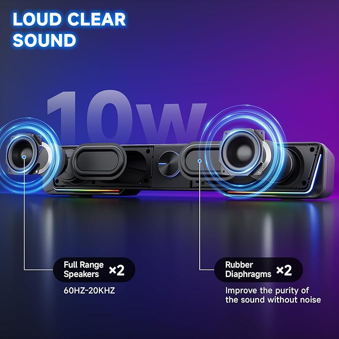 Jeecoo A40 Bluetooth Computer Speakers with Clear Sound, USB Plug & Play PC Speakers with LED Light, Computer Sound Bar with Switch Button for Desktop Laptop Monitor (USB-C Adapter Included)