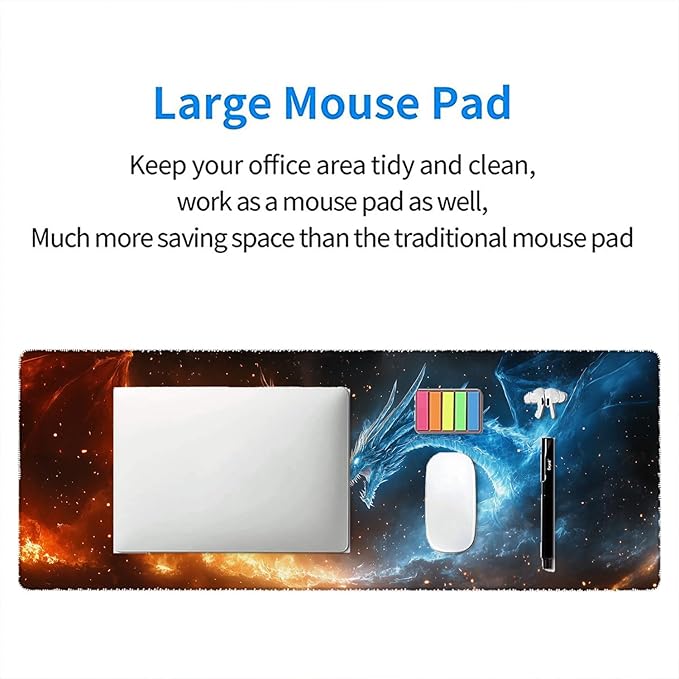 Japanese Anime Dragon Desk Mat Fantasy Fire Ice Dragon Mousepad XL Large Gaming Mouse Pad Laptop Keyboard Mat Desk Pad 31.5"x11.8" Office Home Decor for Women Girl