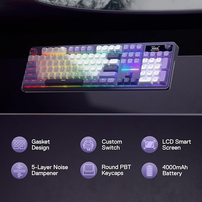 Redragon K762 Wireless Gasket Gaming Keyboard w/Hype Screen & Knob, 104 Keys Mechanical Keyboard, Easy-Control 1.14’’ TFT Info Display, 5-Layer Noise Dampening, Round PBT Keycaps, Mint Mambo Switch