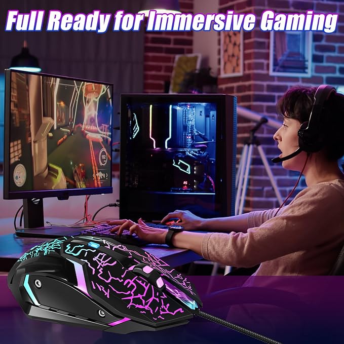 Gaming Mouse, 4 DPI Settings Up to 3600 DPI, Light Up RGB Ergonomic Optical Gaming Mice for Laptop/mac, Computer Wired USB Mouse, 7 Colors LED Backlight, 6 Buttons-Black