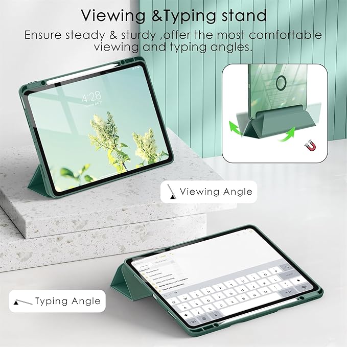 Soke for New iPad Air 13 Inch Case (M3 2025/M2 2024) with Pencil Holder, [Auto Wake/Sleep + Camera Protection] Shockproof Cover with Clear Transparent Back for Apple iPad Pro 12.9", Midnight Green