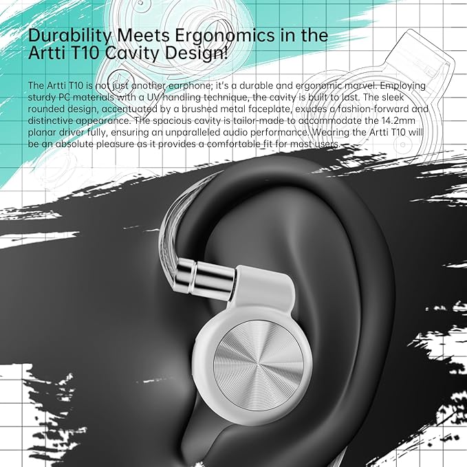 ARTTI T10 Wired Earbus, in-Ear Headphones, HiFi IEM Monitor Earphones, 14.2mm Dual Magnetic Circuit Planar Driver, Gaming Earphone for Musician Singer Audiophile (3.5mm Plug)