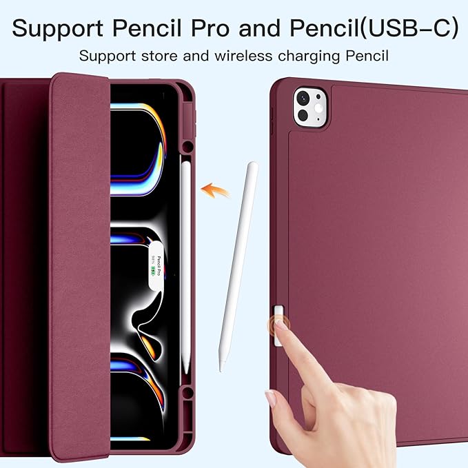 Akkerds Compatible with iPad Pro 13 Inch Case (M5/M4) 2025/2024, for iPad 13 Pro Case with Pencil Holder, Slim Trifold Stand Protective Cover with Soft TPU Back, Auto Wake/Sleep (WineRed)