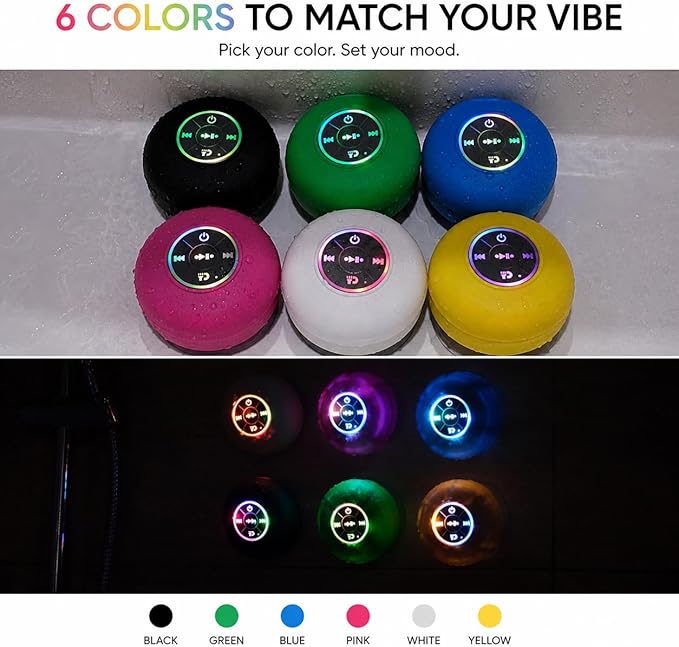 Bluetooth Shower Speaker with LED – Portable Wireless Mini Speaker with Mic & Suction Cup, IPX4 Water Resistant for Shower, Travel, Pool, River Floating, and Outdoor Fun (Plum)