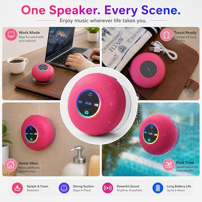 Bluetooth Shower Speaker with LED – Portable Wireless Mini Speaker with Mic & Suction Cup, IPX4 Water Resistant for Shower, Travel, Pool, River Floating, and Outdoor Fun (Plum)