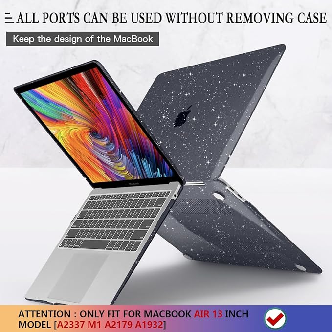 CISSOOK Sparkly Black Star Case for MacBook Air 13 Inch A2337 M1 A2179 A1932 2021-2018 Release, Plastic Glitter Bling Hard Shell Case with Keyboard Cover for MacBook Air M1 2021 with Touch ID