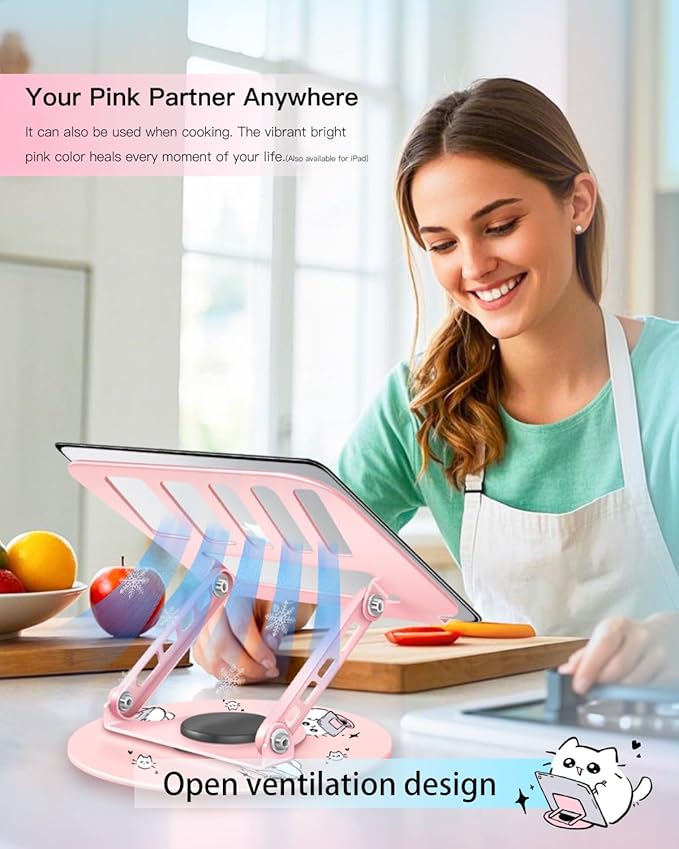 Upgraded Pink Swivel Laptop Stand - 360° Rotating Base & Foldable|Cute Dog Patterns for Healing Vibe|Fits MacBook & 13-15" Laptops|Ideal for Desk Work,Office,Travel,Home,Painting
